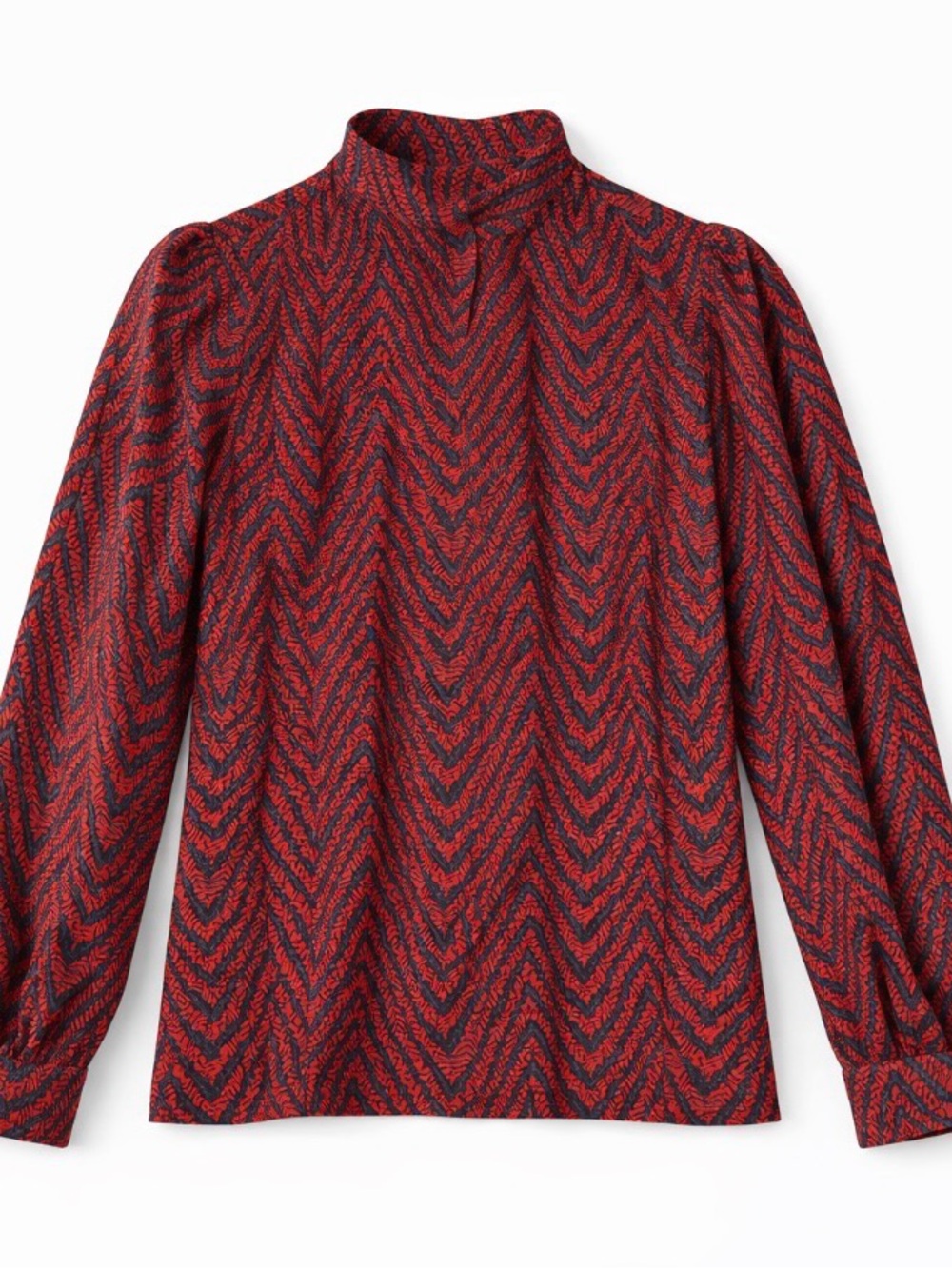 Red Chevron High-Neck Long-Sleeve Blouse